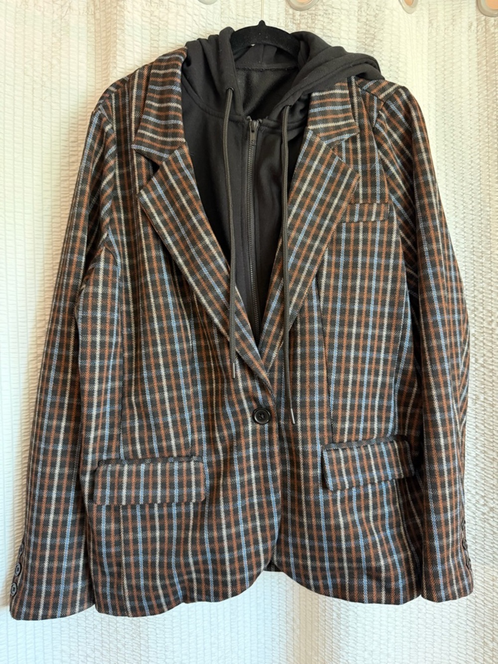 Liverpool Brown and Blue Plaid Single-Button Blazer with Black Hoodie Layer